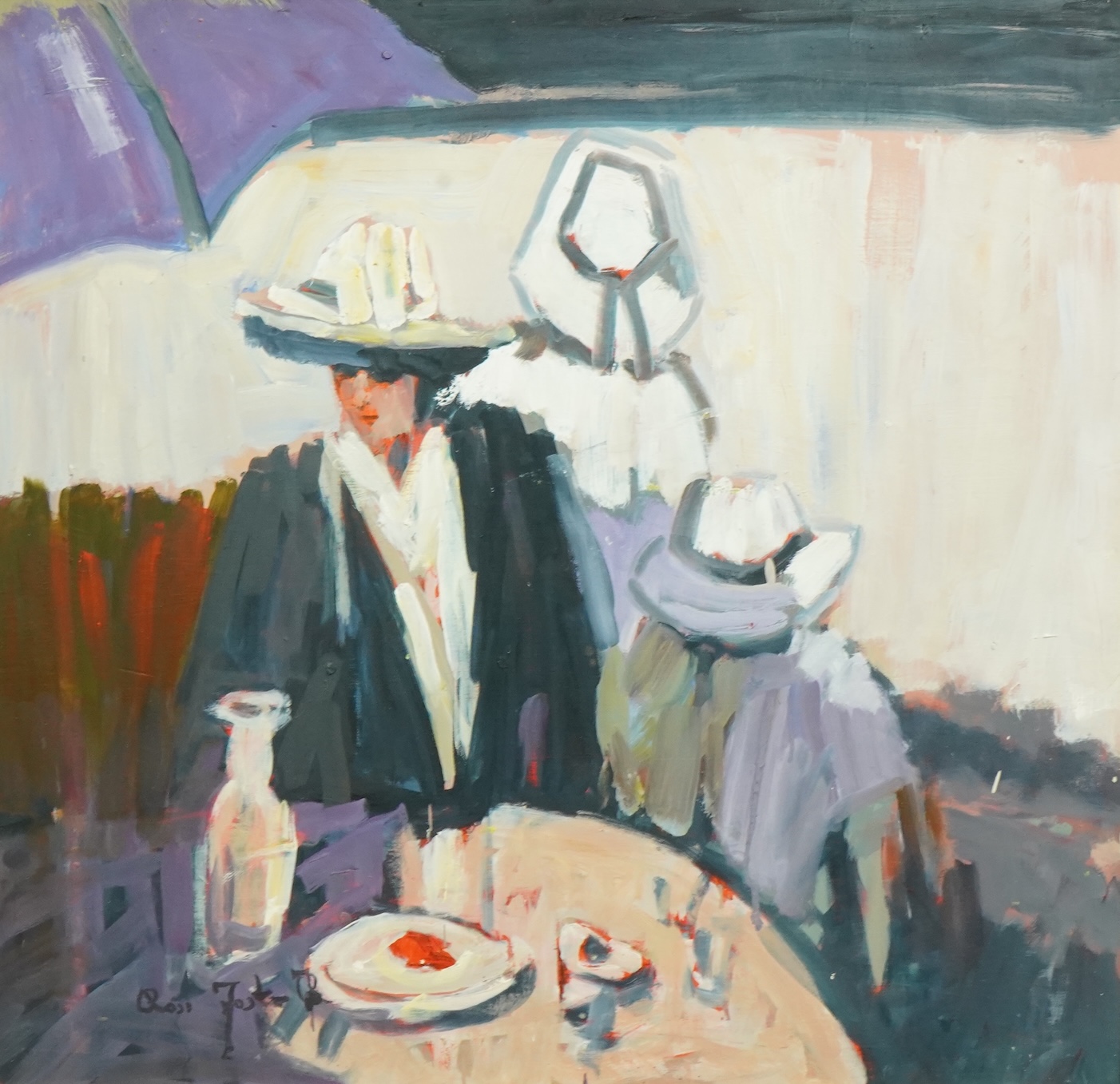 Ross Foster (20th C.), 'Café by the beach', oil on board, 57 x 58cm